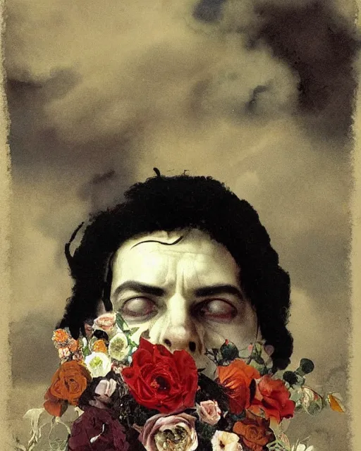 Prompt: a beautiful and eerie baroque painting of a beautiful but serious man in layers of fear, with haunted eyes and dark hair, 1 9 7 0 s, seventies, floral wallpaper, wilted flowers, a little blood, morning light showing injuries, delicate embellishments, painterly, offset printing technique, by robert henri, walter popp, alan lee