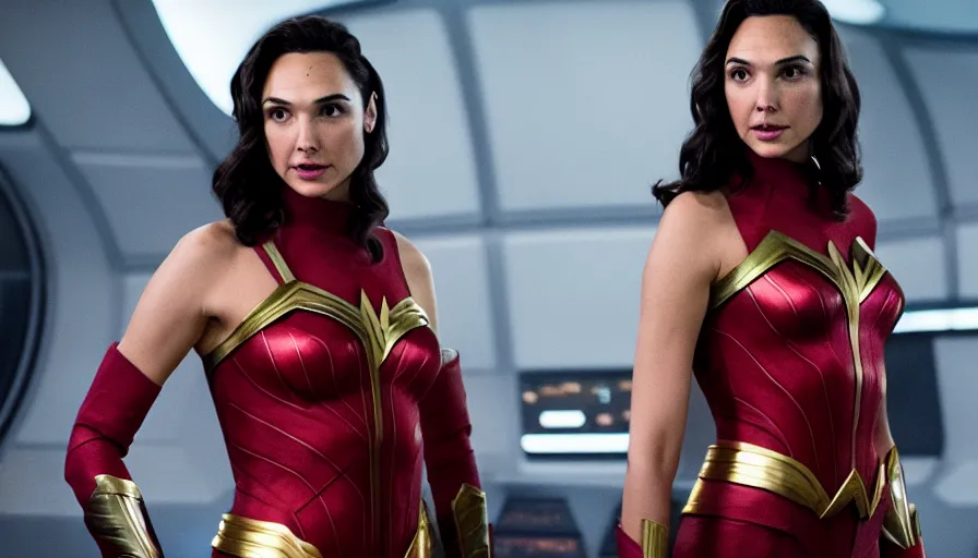 Image similar to Gal Gadot, wearing command red, is the captain of the starship Enterprise in the new Star Trek movie