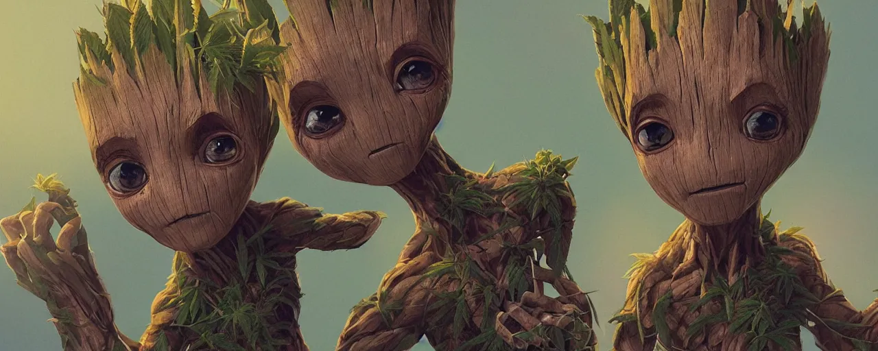 Image similar to duotone concept illustration 3 / 4 portrait of baby groot wearing cannabis hat, hemp, marijuana!, cinematic volumentric lighting, jim cheung, david marquez, mike deodato jr, ilya kuvshinov, makoto shinka, behance hd by jesper ejsing, by rhads, hyper detailed, octane render, concept art, artstation