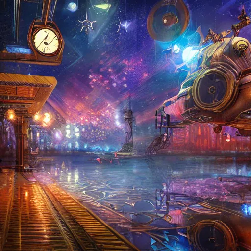 Prompt: steampunk stars photograph octane render geometric fantasy vibrant colors cinematic by john stephens, alex grey, wlop, victo nagi, thomas kinkade, leonid afremov, andreas franke, tim white