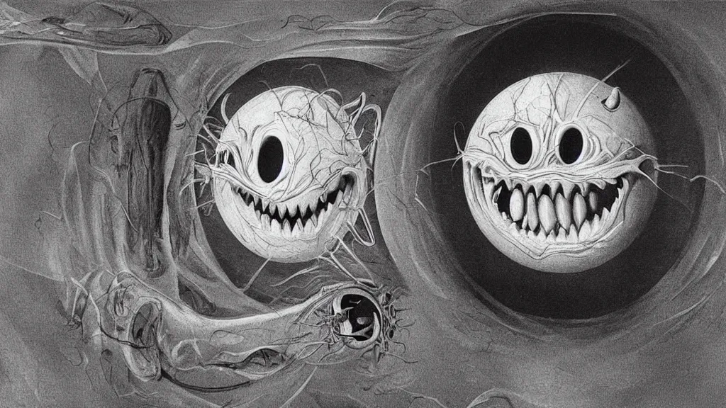 Image similar to a beautiful dreamy painting of a coronavirus inside a high-resolution television screen, laughing alien face, dark, sinister, detailed, art by M.C. Escher