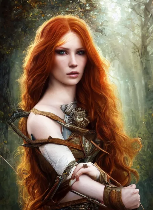 Image similar to a beautiful woman archer, 8 k, hyperrealistic, hyperdetailed, uhd, beautiful face, long ginger hair, dark fantasy, dark forest, fantasy portrait by laura sava