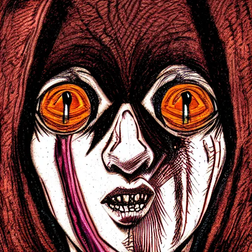 Image similar to a dark brown humanoid, hyper detailed, in the style of junji ito and and junji ito and junji ito, selfie