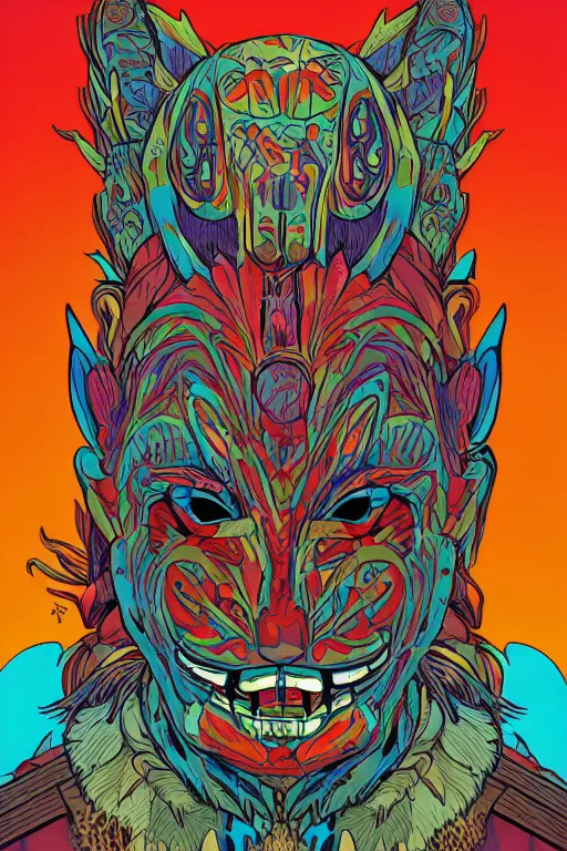 Image similar to animal mask totem roots flower tribal feather gemstone plant wood rock shaman vodoo video game vector cutout illustration vivid multicolor borderlands comics by josan gonzales and dan mumford radiating a glowing aura