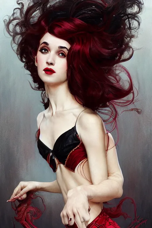 Prompt: a beautiful portrait of prima ballerina with long black and deep red colored hair dressed as a 1 9 6 0 s go - go dancer, intricate, elegant, highly detailed, digital painting, artstation, concept art, symmetrical face, matte, sharp focus, illustration, art by greg rutkowski and alphonse mucha