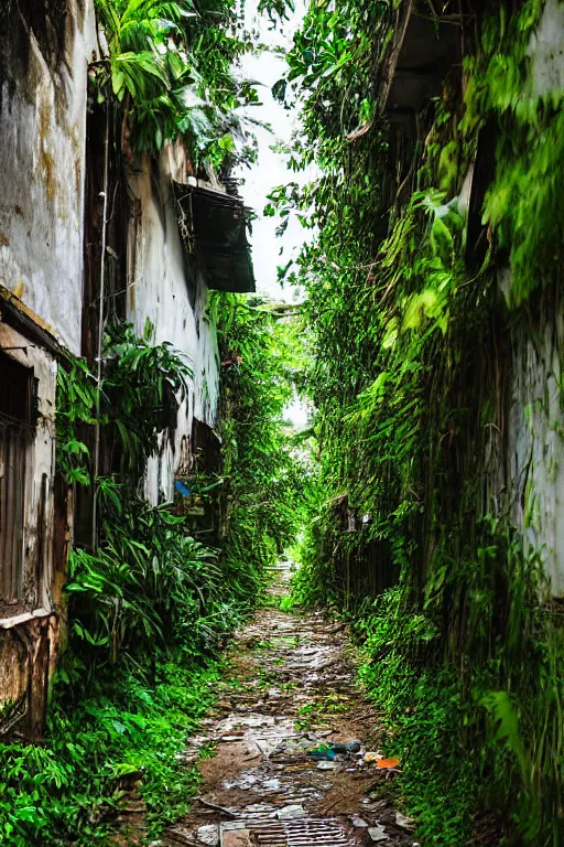 Prompt: abandoned sri lankan city street alley, overgrown greenery, photograph