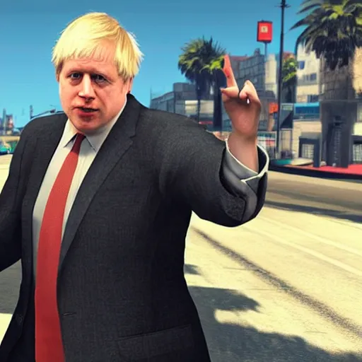 Prompt: Boris Johnson doing finger guns in GTA V loading screen