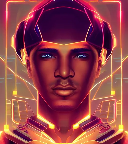 Image similar to symmetry!! egyptian prince of technology, solid cube of light, hard edges, product render retro - futuristic poster scifi, lasers and neon circuits, brown skin man egyptian prince, intricate, elegant, highly detailed, digital painting, artstation, concept art, smooth, sharp focus, illustration, dreamlike, art by artgerm