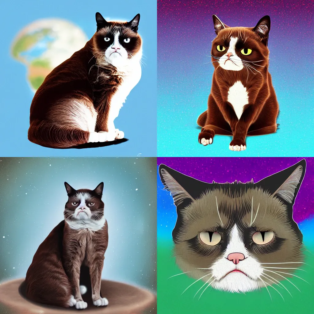 Prompt: A grumpy cat sitting on planet earth, digital art