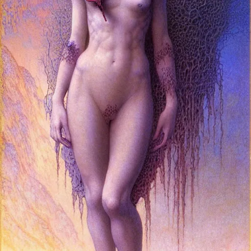 Image similar to cute young vampire tomboy girl with short short short dark hairs on lovecraftian planet by jean delville by luis royo and wayne barlowe, beksinski