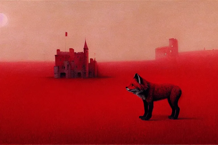 Image similar to only with red, in a red dream world, a crimson tiger, a big deal, a red fox, a castle in the background, in the style of beksinski, part by hopper, part by rodcenko, part by hofbauer, intricate composition, red by caravaggio, insanely quality, highly detailed, masterpiece, red light, artstation