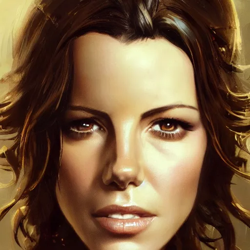 Image similar to closeup portrait of a kate beckinsale, seductive smile, soldier, army chiaroscuro, evil dead,, golden hour, dramatic lighting, complementary contrast, high detail, painted by greg rutkowski, painted by igor kieryluk, trending on artstation