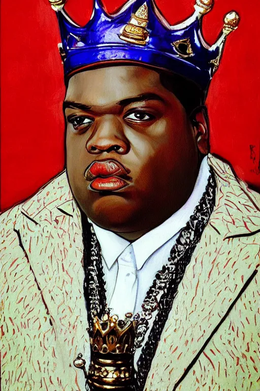 Image similar to ultra unrealistic portrait of rapper biggie smalls standing with cane and with kings crown and royal outfit, european, modern art, eclectic art, gold and colorful, illustration, by ramon casas