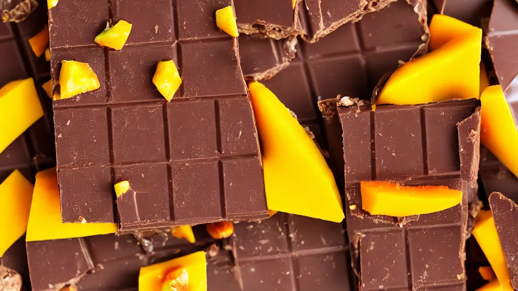 Prompt: chocolate bar with mango pieces, sunlight, f - stop, high quality photography,