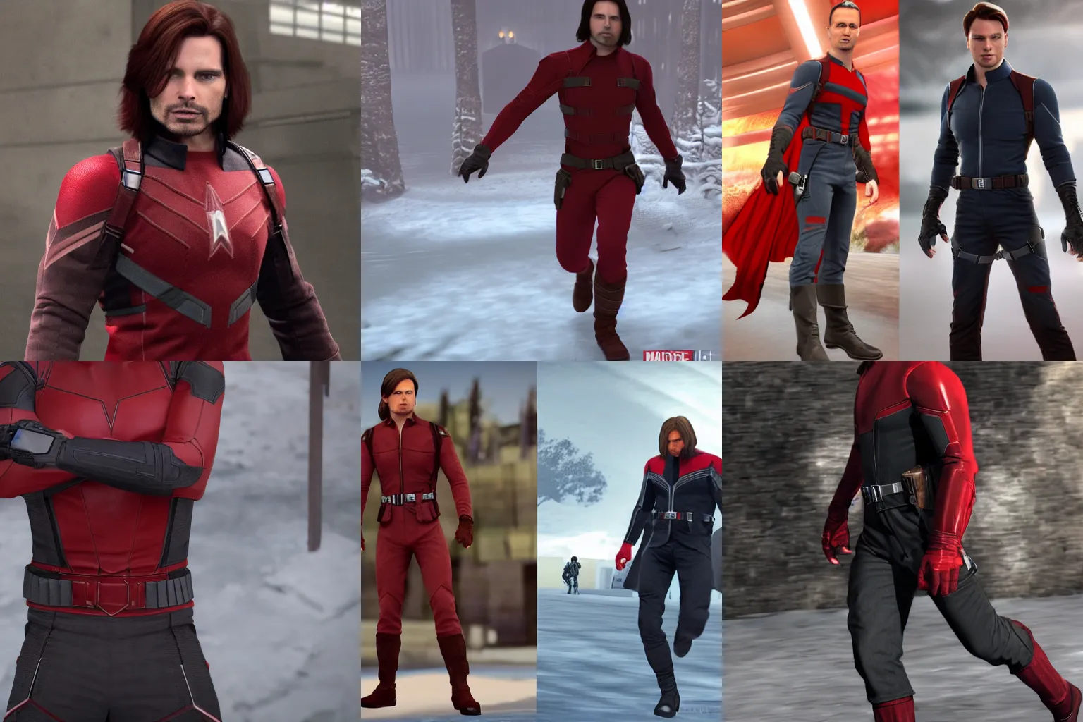 Prompt: handsome man in a red tunic has winter soldier limbs, highly detailed textures