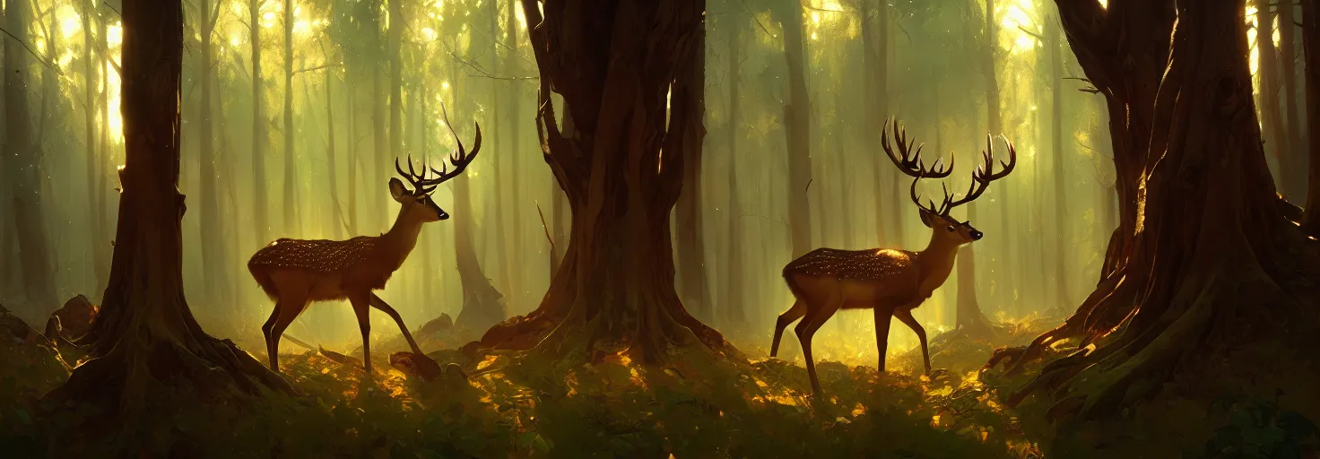 Image similar to Deer in Sherwood Forest, full frame, highly detailed, digital painting, artstation, concept art, smooth, sharp focus, illustration, art greg rutkowski and alphonse mucha