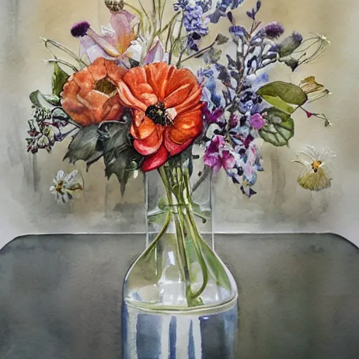 Image similar to watercolor kitchen with flowers by by marco mazzoni, by stephanie law,