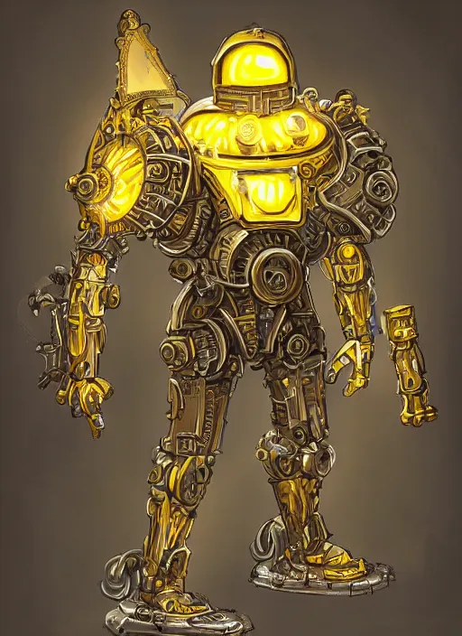 Image similar to full body, dynamic attack position abstract portrait of a intricate glorious holy mechanical warforged character in yellow armor holding a paladin engraved great longsword drawn and carrying a big paladin shield, glowing!!!! eye!!!!!, face in focus, pit droid, epic , trending on ArtStation, masterpiece, cinematic lighting, by Ross Tran and by Greg Rutkowski