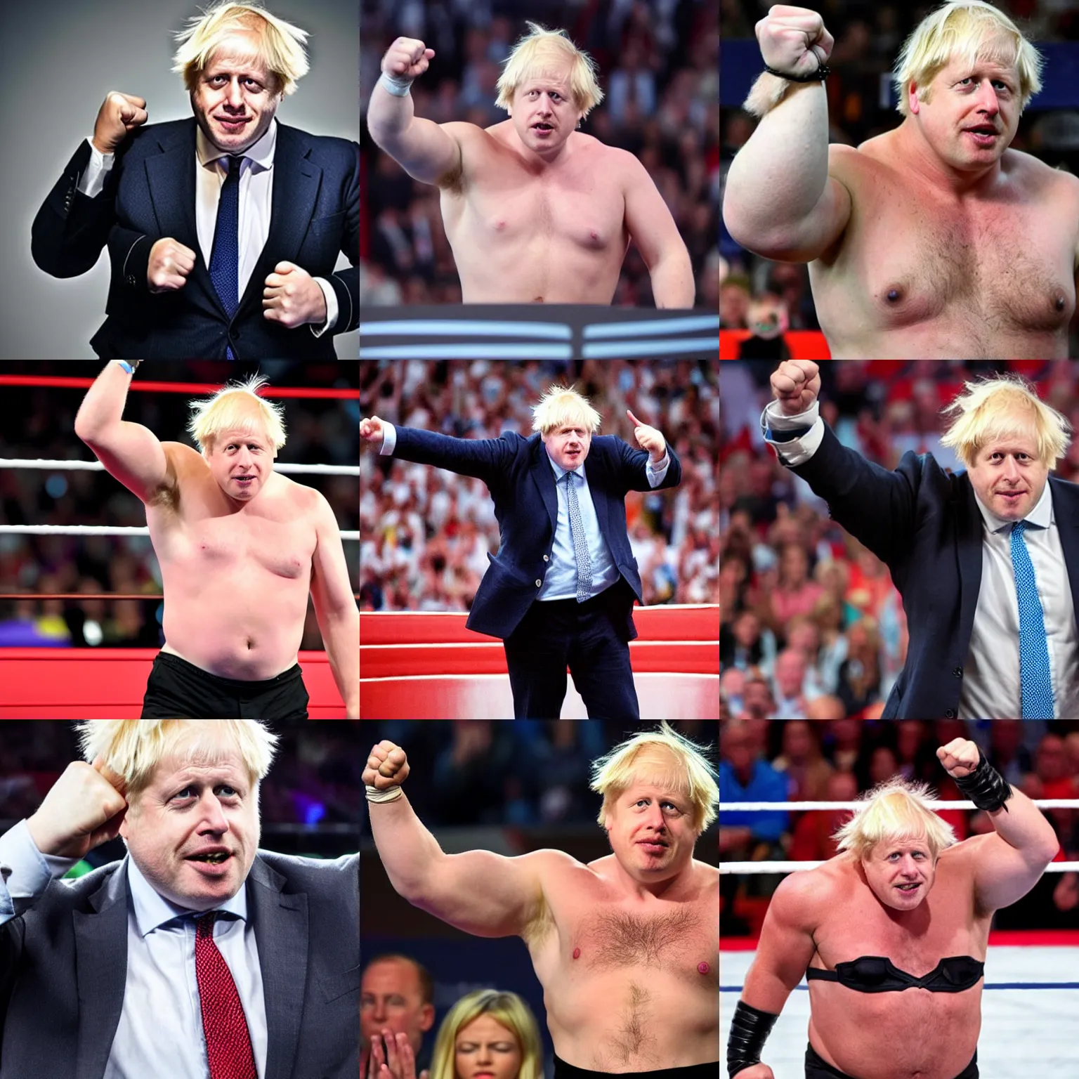 Prompt: boris johnson as a muscular wwe wrestler, holding his hand high and hiding his face behind his hand