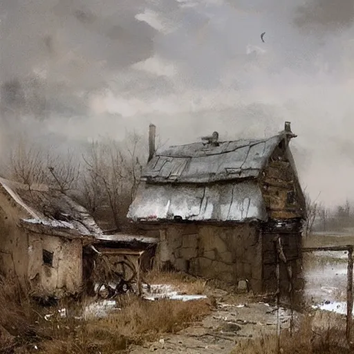 Prompt: painting by jakub rozalski of abandoned village