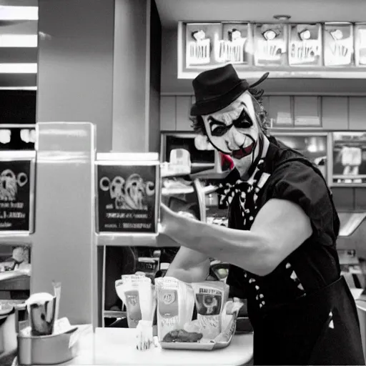 Image similar to joker 1 9 8 9 working in mcdonalds behind counter, facepaint coming off, movie still, dslr