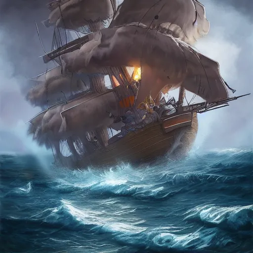 Prompt: pirate people at sea, big storm with lightnings and tornado, trending on artstation