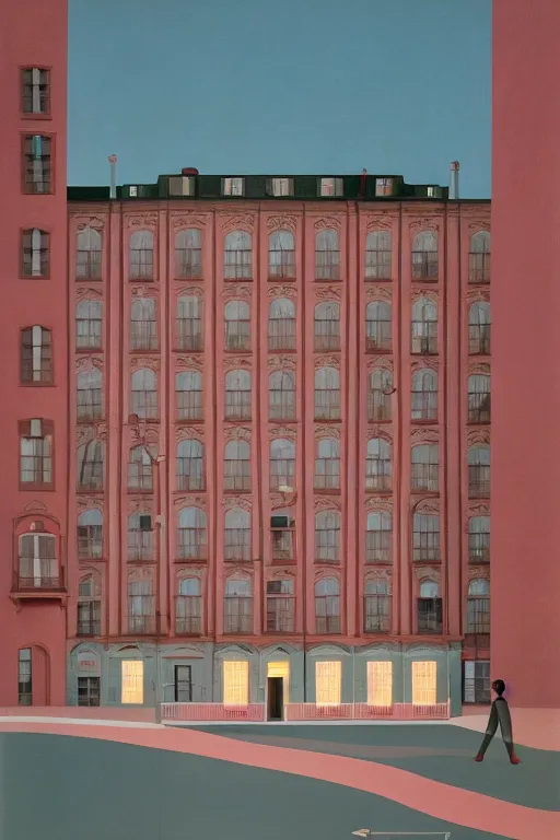 Image similar to scene from wes anderson hotel building by helen lundeberg