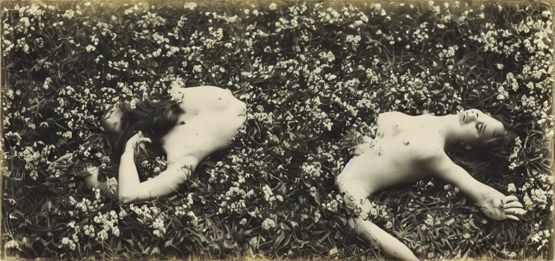 Image similar to beautiful woman on the ground covered in flowers, Forest, ray gods, 1910 top-down polaroid photography