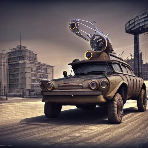 Prompt: Very very very very highly detailed epic VAZ2105 mechanical horse by Volzhsky dynamics, on a street in soviet space orbit city . Photorealistic Concept 3D digital art rendered in Highly Octane Render in style of Hiromasa Ogura, epic dimensional light