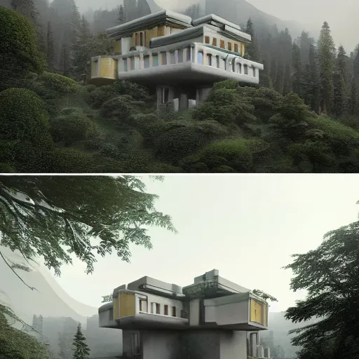 Prompt: modernist house inspired by a tibetan palace, overlooking a valley, big trees, clouds, dramatic lighting, artstation, matte painting, raphael lacoste, simon stalenhag, frank lloyd wright, drone view