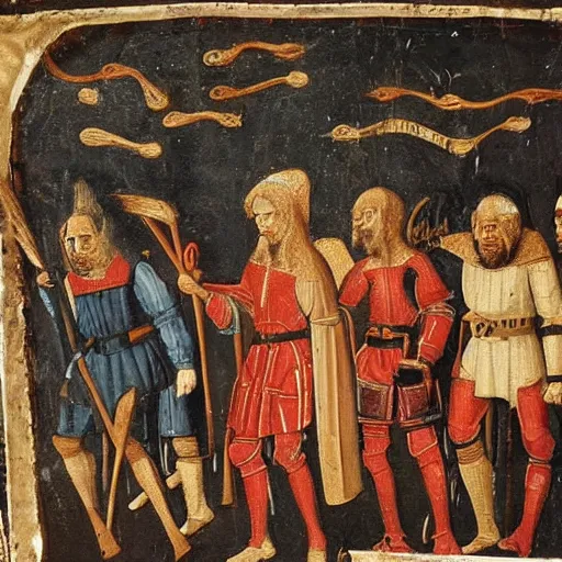 Prompt: medieval portrait of Giancarlo Esposito leading his soldiers into battle