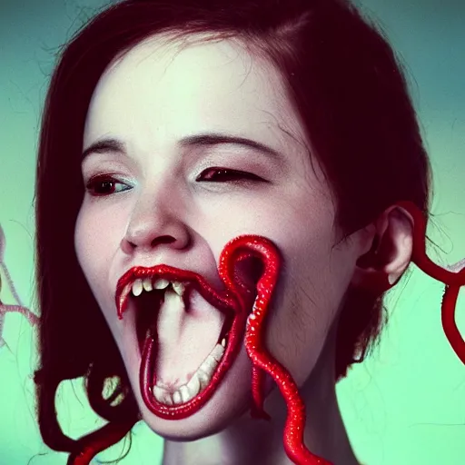 Image similar to highly photorealistic expired fuji film portrait of woman with long tentacled red tongue combined with stranger creatures, imax quality, 8 k, award winning photography