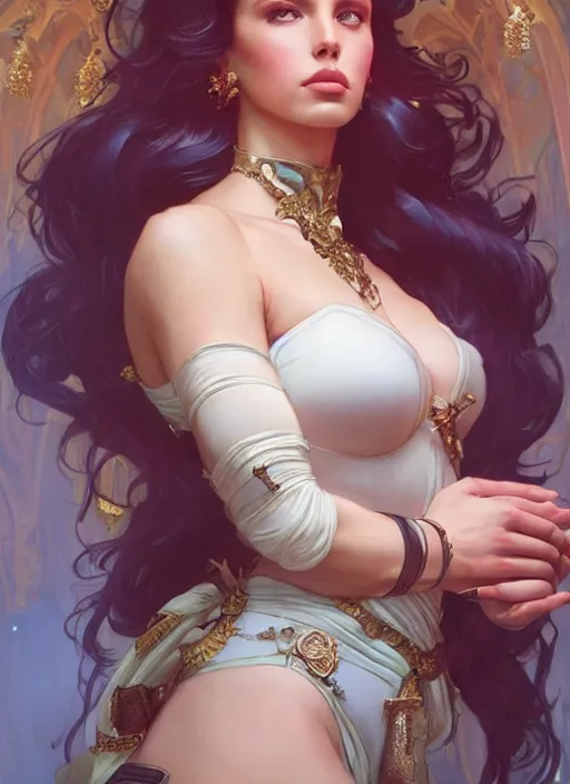 Image similar to lana rhoades as queen, incredibly detailed face, true anatomy, art by artgerm and greg rutkowski and alphonse mucha