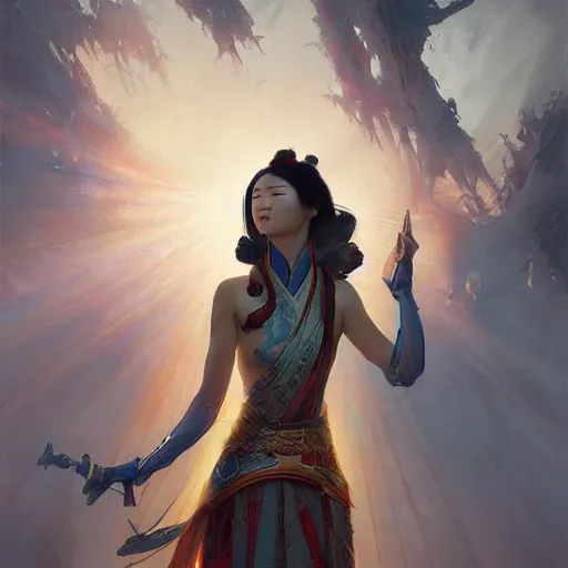 Prompt: chinese goddess emperess mulan in the style of craig mullins, greg rutkowski, peter mohrbacher, and drew struzan. epic, majestic, awe inspiring, god rays, fissures, divine, church painting, intricate armor, extreme detail, high octane, cartoonish