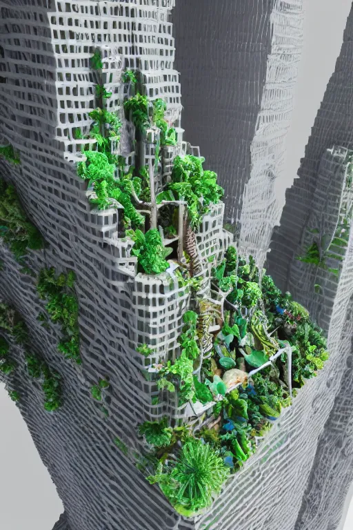 Image similar to 3 d printed physical model organic flowy including more than one city into one vertical building model that sits on a table in a room with a view back, multiple stories, transparent, with vegetation, colorful, eye - level view, 8 0 k, octane render, highly detailed 3 d render,