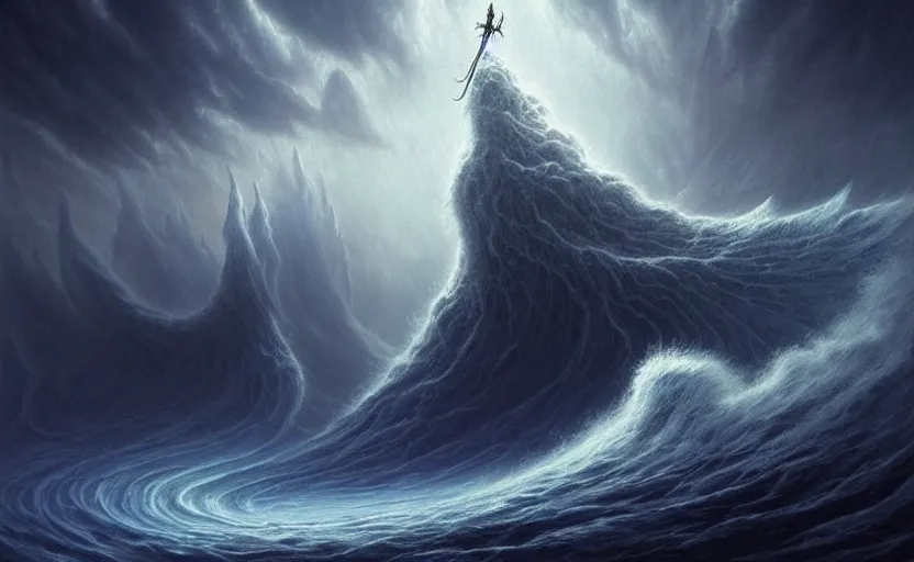 Image similar to beautiful digital fantasy illustration of a demon holding a staff!!, hellish background, a giant wave in the sky, apocalypse art!!!!, apocalypse landscape!!!!!, lovecraftian!!, cosmic horror!!!, concept art by Jarosław Jaśnikowski, a detailed matte painting by Dan Luvisi, cgsociety, fantasy art, highly detailed, soft lighting, rendered in octane, masterpiece, very very very aesthetic