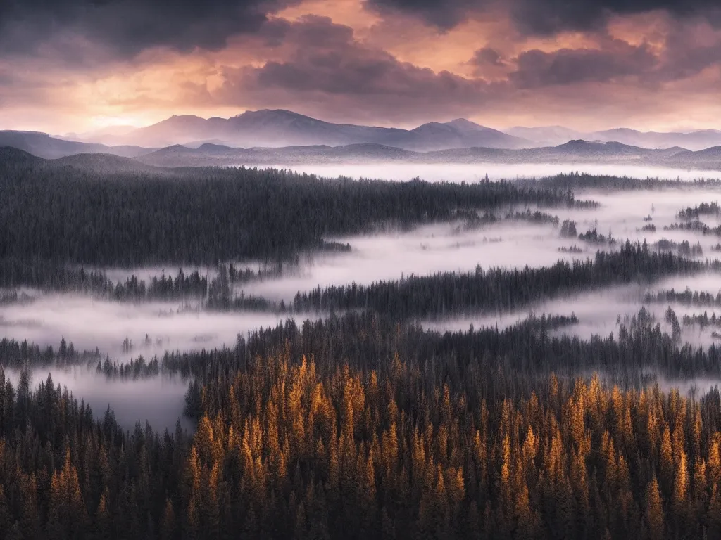 Image similar to epic crystalline taiga with a lake, golden hour, misty ground, rocky ground, distant mountains, atmospheric perspective, altostratus clouds, planets, cinematic, 3 5 mm lens, photographic, octane render, cinematography by roger deakins, in the style of ansel adams