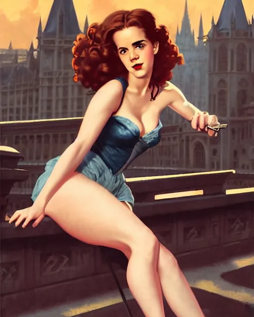 Image similar to pinup photo of hermione granger by emma watson in the crowded square of the city, by greg rutkowski, gil elvgren, enoch bolles, kezie demessance, glossy skin, pearlescent, very coherent, very detailed