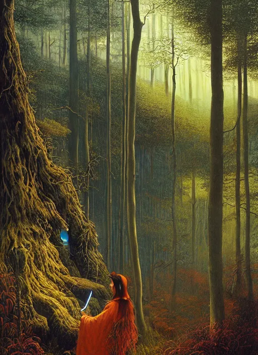 Image similar to hyper realistic witch modem with mood lighting and tech in the woods gorgeous lighting, blue sky, highly detailed, lush forest painting by zdzisław beksinski and norman rockwell and greg rutkowskiweta studio, and lucasfilm