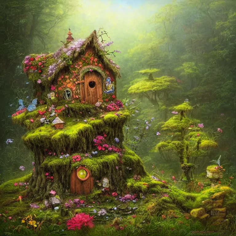 Prompt: a whimsical fairy house on a mossy stump surrounded by flowers by Justin Gerard, evening light