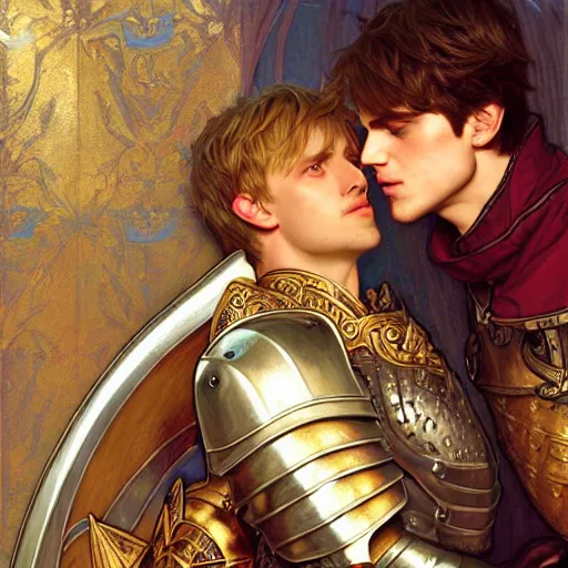 Image similar to attractive arthur pendragon and his favourite attractive male knight, they are in love, camelot, natural lighting, path traced, highly detailed, high quality, digital painting, by gaston bussiere and ross tran and j. c. leyendecker and alphonse mucha