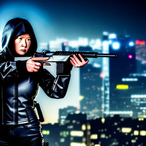 Image similar to photographic portrait of a techwear woman holding a shotgun, holding shotgun down, closeup, on the rooftop of a futuristic city at night, sigma 85mm f/1.4, 4k, depth of field, high resolution, full color, award winning photography, Kill Bill, John Wick, Die Hard, movies with guns, movie firearms