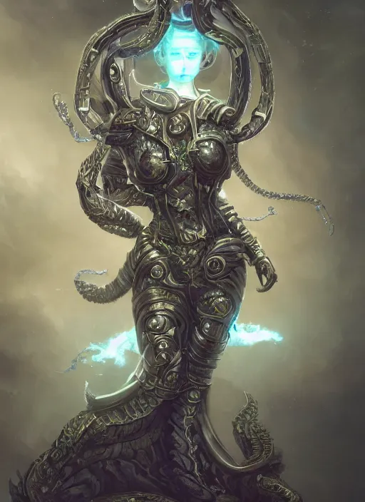 Image similar to ultradetailed ornate sci-fi RPG character illustration of a beautiful symmetric Medusa radiating a majestic glowing aura wearing a cyberpunk armor with decorum while fighting eldritch horrors, smooth digital airbrush painting, 3d rim light, hyperrealistic, masterpiece, artstation, cgsociety, concept art, kodakchrome