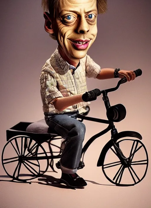 Prompt: hyperrealism steve buscemi riding a tricycle, light effect, hyper detailed, claymation, cartoon, detailed, realistic materials, sharp focus