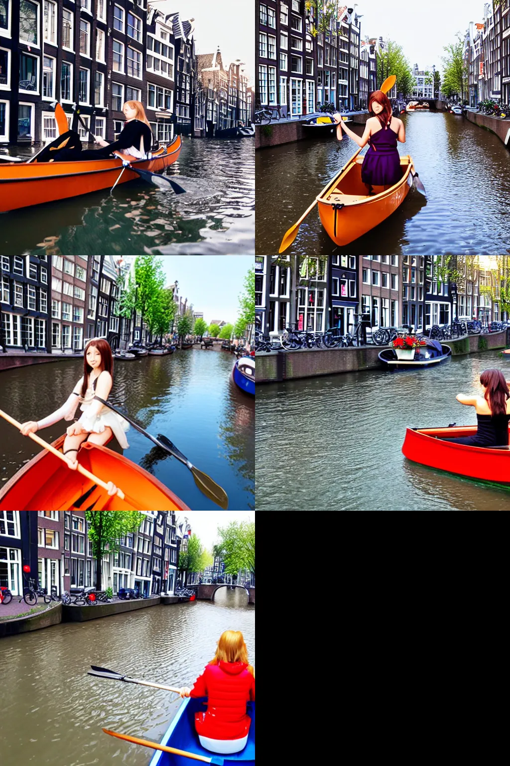 Prompt: an anime girl rowing her boat through the canals of amsterdam
