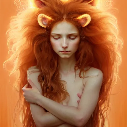 Image similar to Portrait of a girl angel with pale orange colored frizzy strands of illuminated hair, cat ears on her head, glowing halo, Lion's Mane, fantasy, intricate, elegant, highly detailed, digital painting, artstation, concept art, smooth, sharp focus, illustration, art by Krenz Cushart and Artem Demura and alphonse mucha