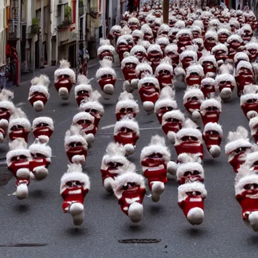 Image similar to the running of the screaming bob ross dolls in pamplona spain