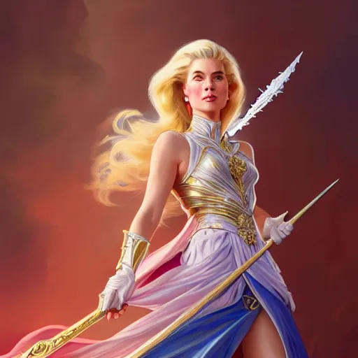 Image similar to Blonde Grace Kelly as She-Ra, western, D&D, fantasy, intricate, elegant, highly detailed, digital painting, artstation, concept art, matte, sharp focus, illustration, art by Artgerm and Greg Rutkowski and Alphonse Mucha