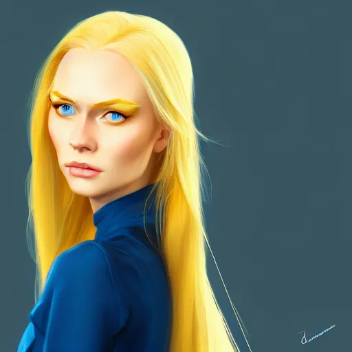 Prompt: portrait of a woman with long blonde hair, blue eyes, yellow dress, elegant, highly detailed, perfect face, stanley artgem lau, artstation, concept art, 8k