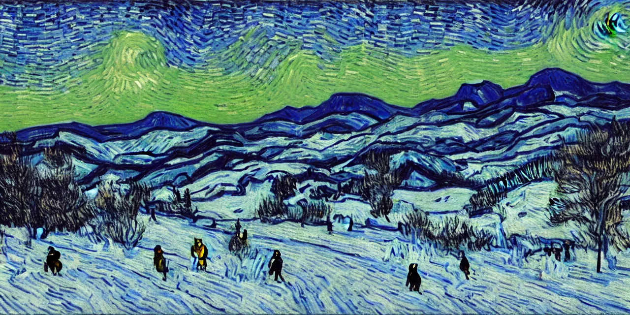 Image similar to painting of the laurentian appalachian mountains in winter by vincent van gogh, unique, original and creative landscape, snowy night, distant town lights, aurora borealis, deers and ravens, footsteps in the snow, brilliant composition